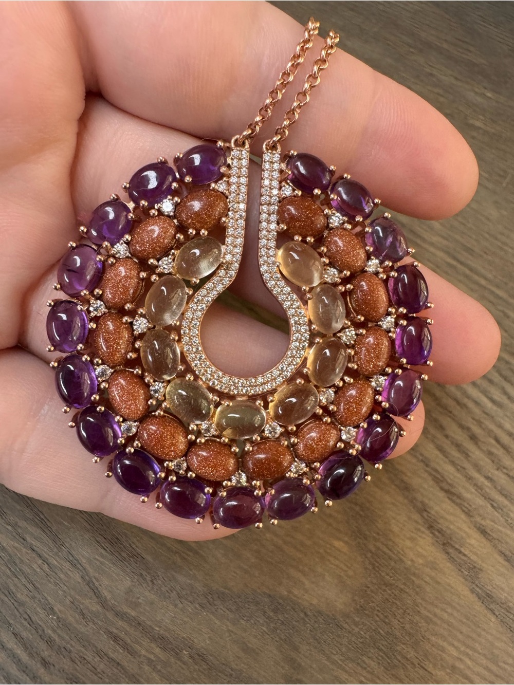 Hespera Rose Gold Sunset Keyhole Multistone Necklace Amethyst Sunstone Citrine